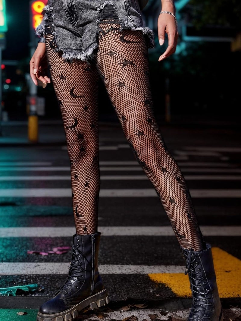 Amazleer Women's Fishnet Tights with Butterfly Flower Pattern, High Waist Mesh Stockings, Streetwear Leggings - Image 3